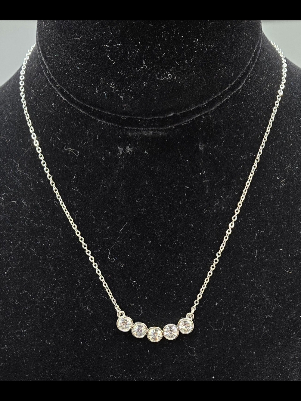 Lia Sophia Necklace Silver Tone Five-CZ Bezel Set Signed 15" + 3" Extender